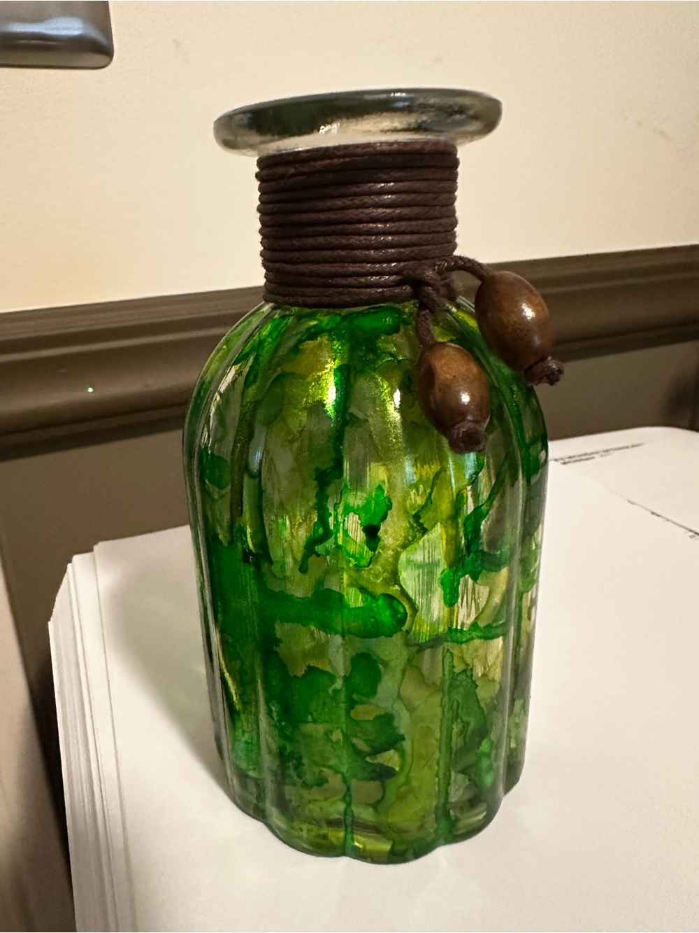 Hand crafted Green Decorative Glass Bottle Vase with Rope Accent